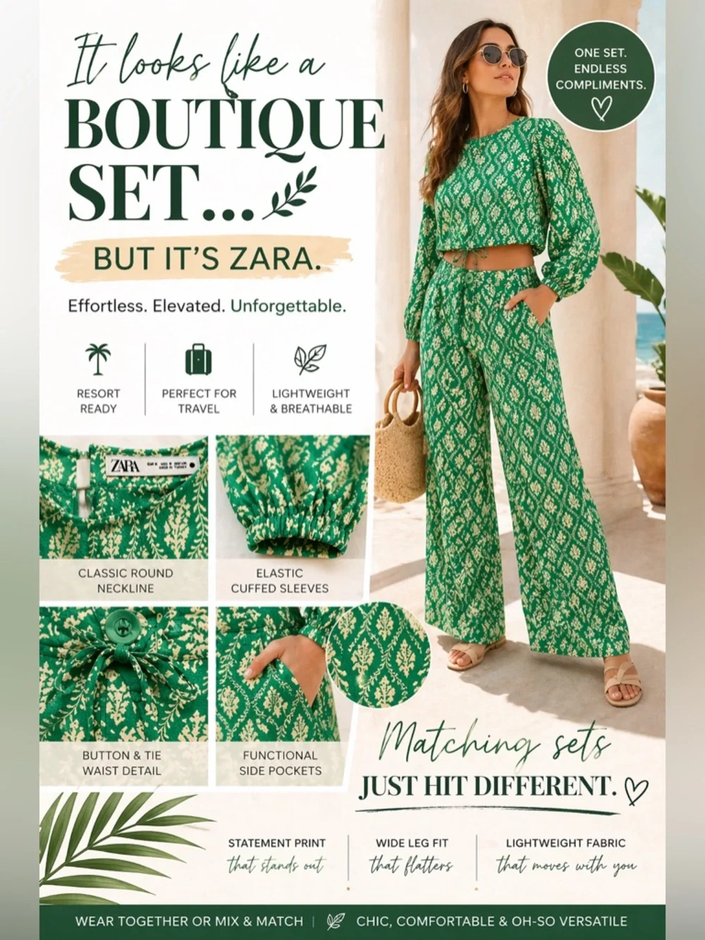 Zara matching set green print crop blouse wide leg pants S resort chic - Picture 4 of 11